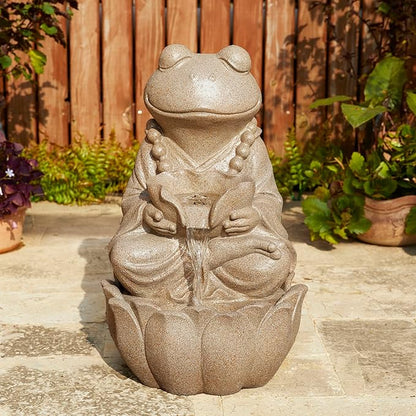 Glitzhome Outdoor Frog Statues Garden Decorations 22" H, Zen-Style Meditative Frog Sculpture Water Fountains LED Floor Standing Fountain Outside Frog Statue with Birdbath for Backyard Decking Decor