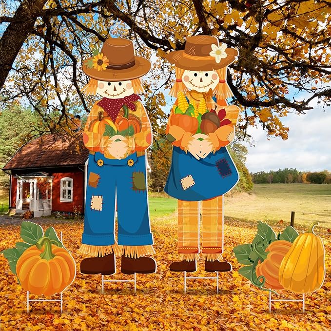 Geetery 4 Pieces Thanksgiving Outdoor Decorations Fall Yard Stake Scarecrow Pilgrim Pumpkins Porch Sign with Stake Autumn Harvest Garden Decor for Outside Lawn Decoration 32.28 x 10.47 Inch(Scarecrow)