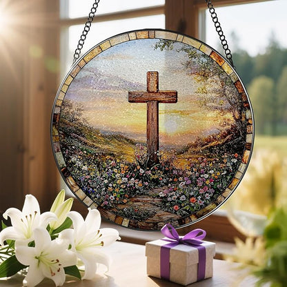8 Inches Cross Sunset Stained Glass Suncatcher, Christmas Ornament, Window Hanging Decor, Christian Home Decor, Christian Gift, Religious Gift, Gifts for Christmas
