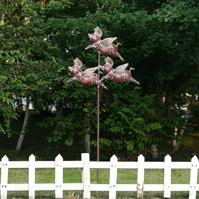 Metal Flying Pigs Spinner Outdoor Decorative Stake, Waterproof Garden Decor, Animal Art Sculpture & Statue Decoration for Yard, Patio, Lawn
