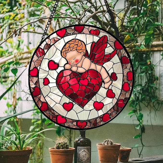 Stained Glass Window Hanging - Red Love Angel Sun Catcher for Door Garden Home Decor Cute Suncatcher Christmas Mother's Day Birthday for Women Men Mom Nana 9.8 in