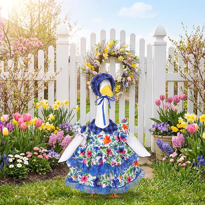 Abbylike 1 Set Spring Porch Goose Outfits Flower Lolita Dress Hat Floral Goose Clothes Costume Fits Large 23'' Cement for Spring Summer Outdoor Garden Yard Patio Lawn Statue Pathway Art Decorations