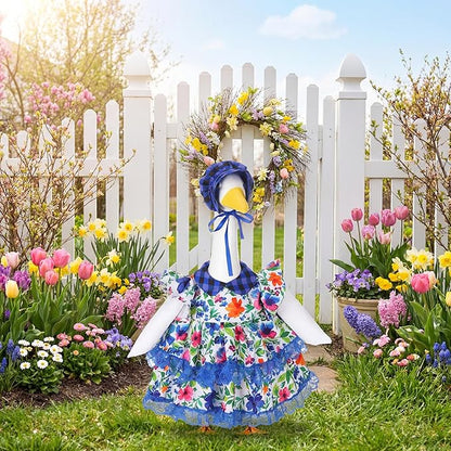 Abbylike 1 Set Spring Porch Goose Outfits Flower Lolita Dress Hat Floral Goose Clothes Costume Fits Large 23'' Cement for Spring Summer Outdoor Garden Yard Patio Lawn Statue Pathway Art Decorations