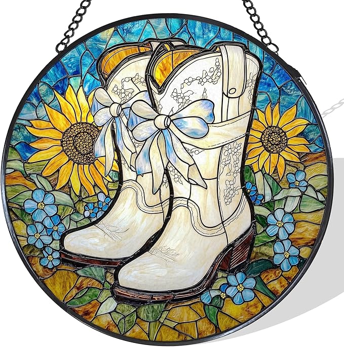 Western Cowboy Boots Sunflower Stained Glass Window Hanging Suncatcher, Western Cowgirl Sun Catcher Decor for Home Window Garden, Country Painted Glass Wall Hanging Decorations 7.8x7.8 in
