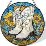 Western Cowboy Boots Sunflower Stained Glass Window Hanging Suncatcher, Western Cowgirl Sun Catcher Decor for Home Window Garden, Country Painted Glass Wall Hanging Decorations 7.8x7.8 in