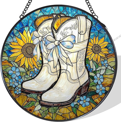 Western Cowboy Boots Sunflower Stained Glass Window Hanging Suncatcher, Western Cowgirl Sun Catcher Decor for Home Window Garden, Country Painted Glass Wall Hanging Decorations 7.8x7.8 in