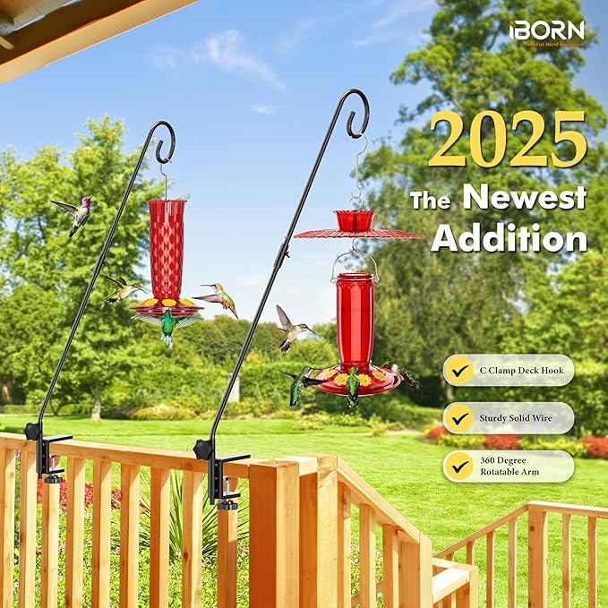 iBorn Deck Hook for Bird Feeder, Hummingbird Feeder Hanger for Deck Railing, Heavy Duty Deck Hanger for Outdoors Hanging, 360° Rotatable Arm, Solid Wire, 28 Inch, Pack of 2