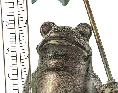 Evergreen Garden Metal Frog Statue with Umbrella Glass Rain Gauge Weather Station | Green | Garden Decor Outdoor | 18 Inches Tall | 5" Rain Capacity Easy to Read