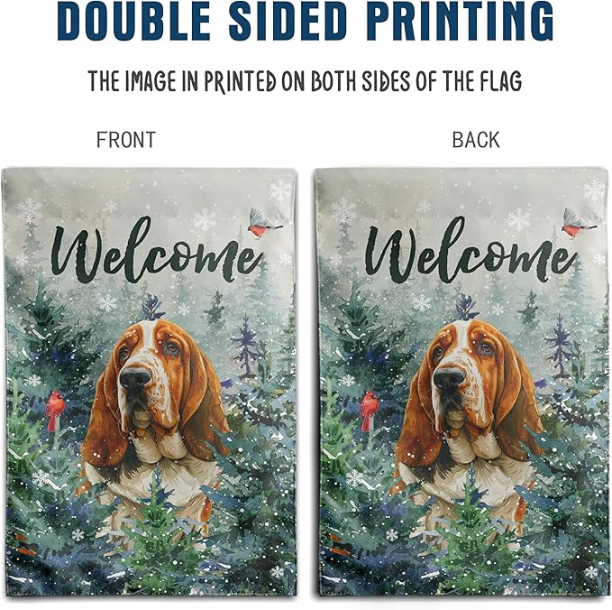 Welcome Winter Garden Flags Basset Hound Garden Flag Cardinal Birds on Snowy Pine Tree Flag Dog Yard Flags for Outside 12x18 Double Sided Christmas Decorative