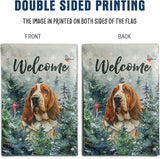 Welcome Winter Garden Flags Basset Hound Garden Flag Cardinal Birds on Snowy Pine Tree Flag Dog Yard Flags for Outside 12x18 Double Sided Christmas Decorative