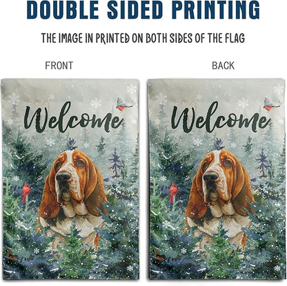 Welcome Winter Garden Flags Basset Hound Garden Flag Cardinal Birds on Snowy Pine Tree Flag Dog Yard Flags for Outside 12x18 Double Sided Christmas Decorative