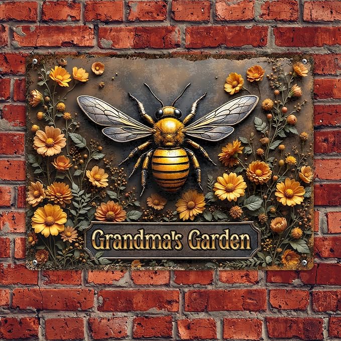 Custom Garden Signs Personalized Metal Tin Sign for Women, Bee Metal Sign for Outdoor, Yard Rustic Home Decor Gift for Mothers Day, Grandmas, and Gardening Lovers