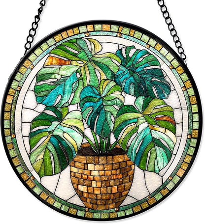 7.8" Green Plant Suncatcher Stained Glass Window Hanging Monstera Plants Sun Catchers Nature Ornaments Wall Art Garden Home Room Yard Door Decor Birthday for Women Mom