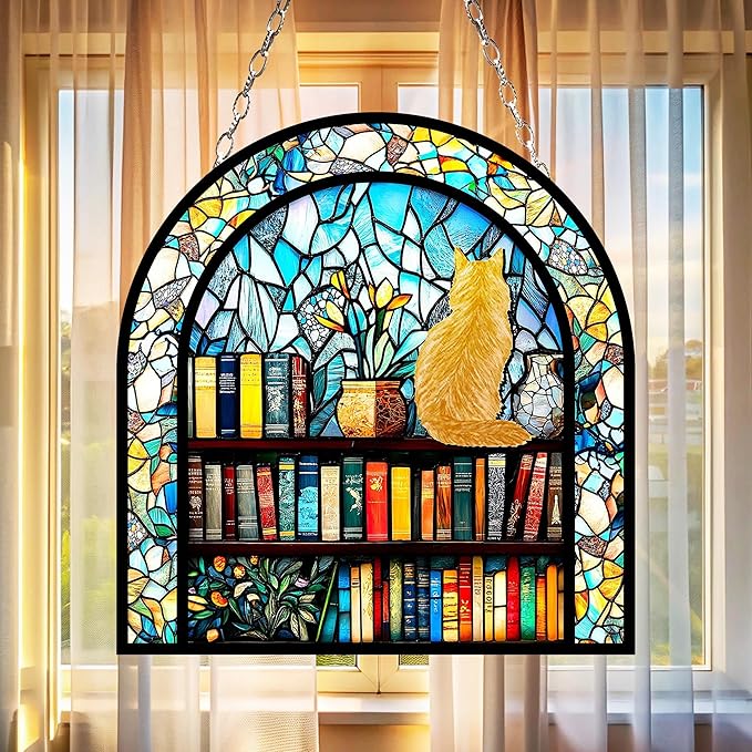 Personalized Cat Reading Book Acrylic Suncatcher, Window Hanging Gift for Book Lovers and Moms