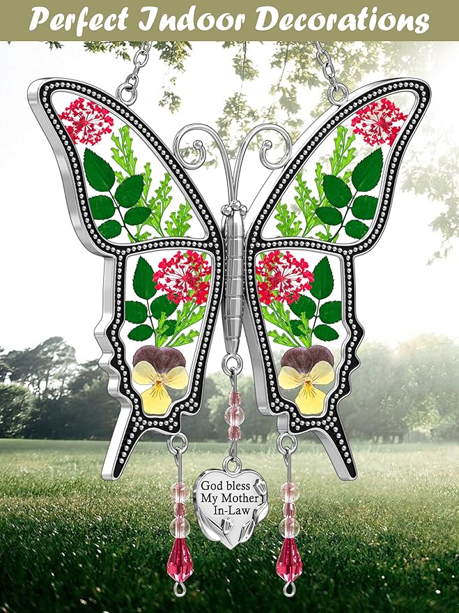 KY&BOSAM Butterfly Suncatcher Mother-in-Law Stained Glass for Window Hanging Wind Chime with Pressed Flower Wings Embedded in Glass with Metal Heart Charm Gift for Mother Day Valentine`s Day Birthday