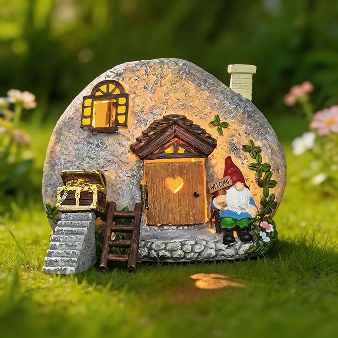 Fairy Garden Accessories Gnome House 4 Pcs Kit, Solar Statues with Openable Door for Yard Lawn Patio, Resin Stone Houses, Treasure chest, staircase, ladder Figurines, Birthday Gifts Idea for Women