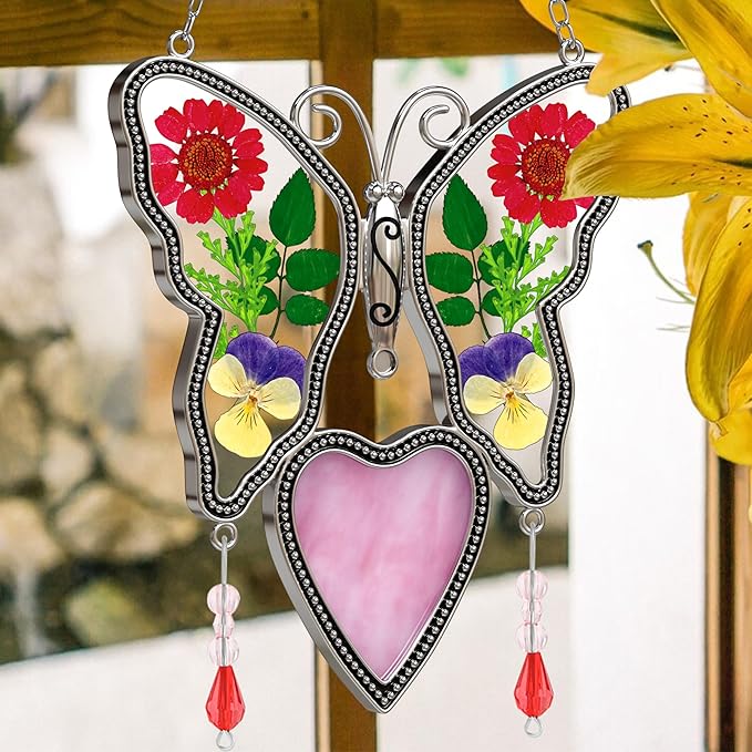 Love Heart-Shaped Glass Suncatcher with Pressed er Ornament, Wind Chimes with Real Flowers, Pendant Mom Grandma Lover Birthday Gift for Indoor or Outdoor Décor-Mom