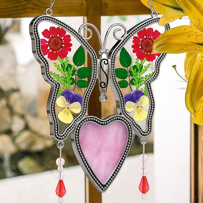 Love Heart-Shaped Glass Suncatcher with Pressed er Ornament, Wind Chimes with Real Flowers, Pendant Mom Grandma Lover Birthday Gift for Indoor or Outdoor Décor-Mom
