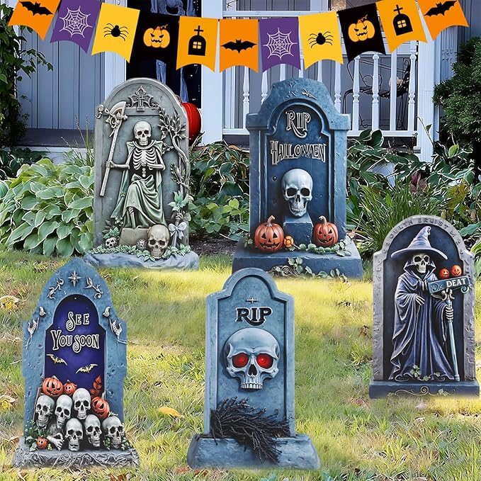 5PCS 26.7X15.7" Large Tombstones Halloween Decorations Garden Signs,Outdoor Cemetery Tombstone Decoration With H Metal Stake,Waterproof Halloween Party Decorations,Outdoor lawn Family Gatherings