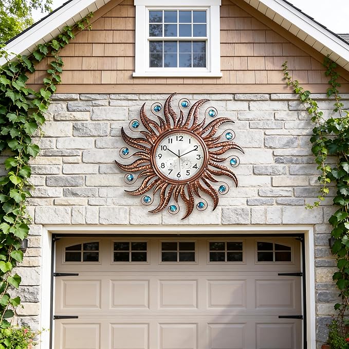 COOZZUHOUR 25 Inch Metal Sun Outdoor Shaped-Clock with Thermometer and Hygrometer Combo, Battery-Powered 10-inch Waterproof Dial and Silent Quartz Movement for Home Decorative Gifts(Bronze)