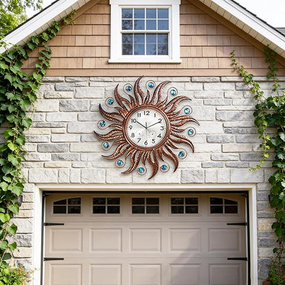 COOZZUHOUR 25 Inch Metal Sun Outdoor Shaped-Clock with Thermometer and Hygrometer Combo, Battery-Powered 10-inch Waterproof Dial and Silent Quartz Movement for Home Decorative Gifts(Bronze)