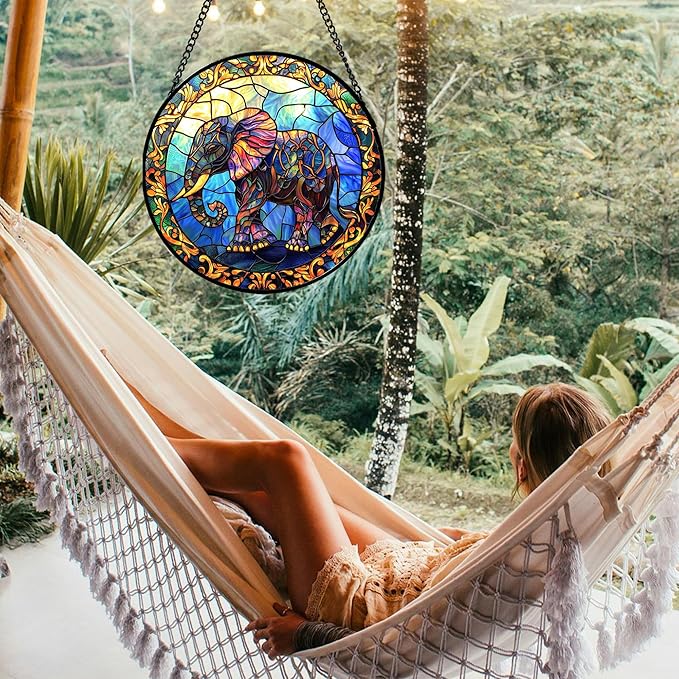 Stained Glass Window Hanging - Blue Elephant Suncatcher for Door Terrace Garden Home Decor, Yellow Retro Sun Catcher Birthday Gifts for Lovers Women Men Dad Mom Nana 15 in