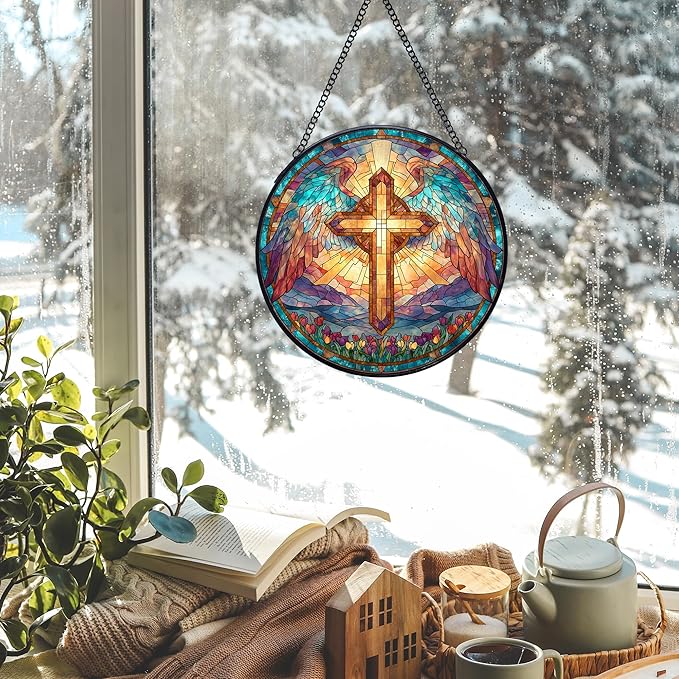 Cross Stained Glass Window Hanging Suncatchers, Christian Cross Sun Catchers Indoor Window Glass Wall Art Decor, Religious Biblical Wall Hanging Decorations Sculptures, 7.9x7.9in
