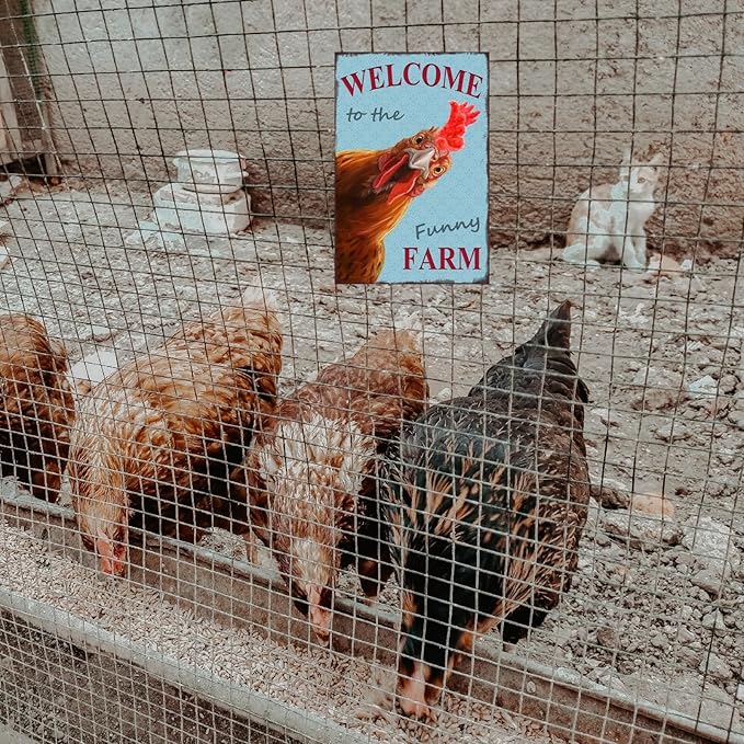 Funny Chicken Sign, Metal Chicken Coop Tin Signs, Welcome to the funny farm, Yard Sign Garage Farm Garden Wall Decor Sign Plaque Outdoor for Home Fence 8 X 12 Inches