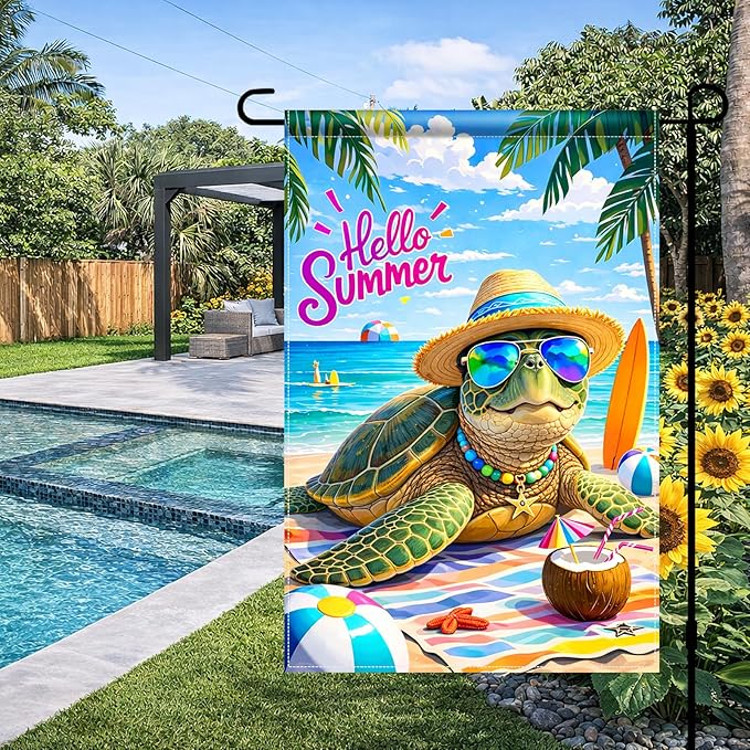 BlissYard Hello Summer Sea Turtle Garden Flag 12x18 Double Sided Vertical Outdoor Decor Beach Ocean Tropical Yard Garden Lawn Patio Welcome Banner