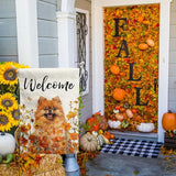 Pomeranian Fall Garden Flag Autumn Dog Yard Sign Orange Floral Thanksgiving Outdoor Banners for Outside 12x18 Double Sided Small Wild Flower Lawn Decorations