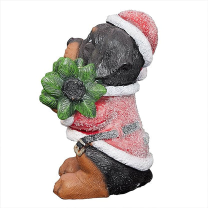 Alpine Corporation 12" Tall Puppy Christmas Statue with Santa Coat and Pine Tree, Weather-Resistant Resin Figurine, Indoor/Outdoor Holiday Decoration for Porch or Entryway