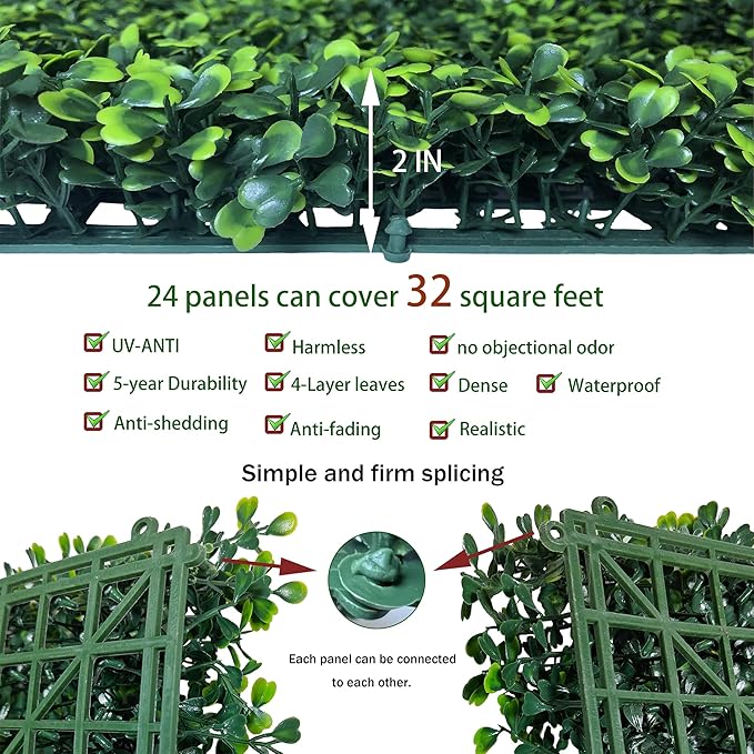 ODTORY Artificial Grass Wall Backdrop Panels,16 X 12 in 24P(32 sqft) UV-Anti Greenery Boxwood Panels for Indoor Outdoor Green Wall Decor & Ivy Fence Covering Privacy