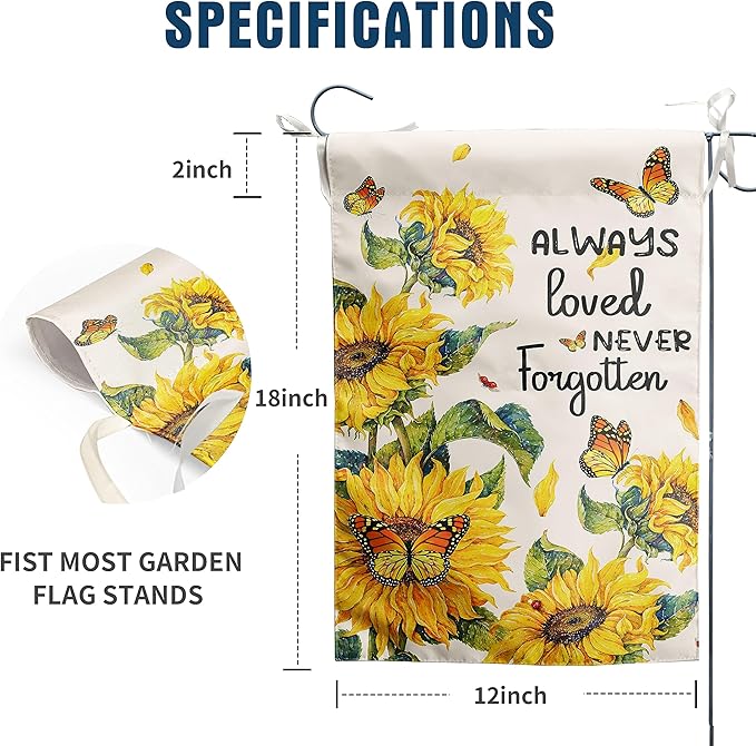 Always Loved Never Forgotten Memorial Garden Flag 12x18 Inch Double Sided Outside Sunflower Yard flag Butterfly Grave Flags for Cemetery Decorations