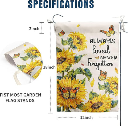 Always Loved Never Forgotten Memorial Garden Flag 12x18 Inch Double Sided Outside Sunflower Yard flag Butterfly Grave Flags for Cemetery Decorations