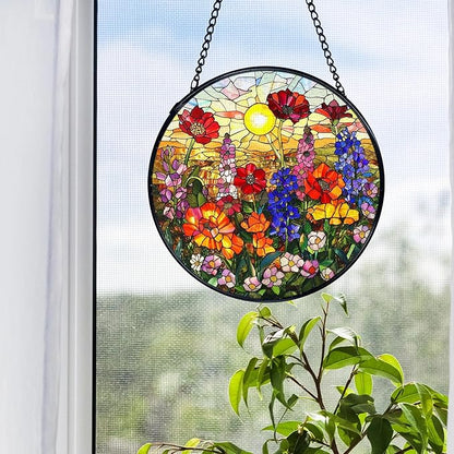 Flower Sunset Stained Glass Window Hanging, Cottagecore Wildflower Sun Catchers Indoor Window Round Glass Wall Art Decor, Floral Suncatcher Wall Hanging Decorations, Lawn Care