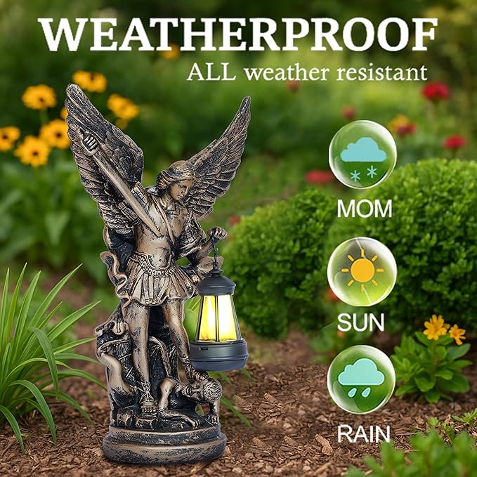 Solar San Miguel Arcangel Outdoor Garden Decor Statues 12.4" Solar St Michael the Archangel Satue for Yard Patio Lawn Porch Decorations Resin St Michael Figurine Religious Collection Sculptures Gifts