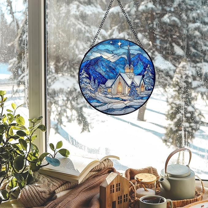 Christian Church Christmas Stained Glass Window Hanging Suncatchers, Religious Winter Sun Catchers Indoor Window Glass Wall Art Decor, Winter Wall Hanging Decorations Sculptures, 7.9x7.9in