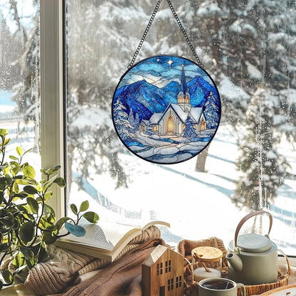 Christian Church Christmas Stained Glass Window Hanging Suncatchers, Religious Winter Sun Catchers Indoor Window Glass Wall Art Decor, Winter Wall Hanging Decorations Sculptures, 7.9x7.9in