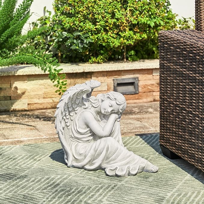 Glitzhome Resting Angel Statue Outdoor Garden Memorail Sculpture, 15in Tall, Cement Gray
