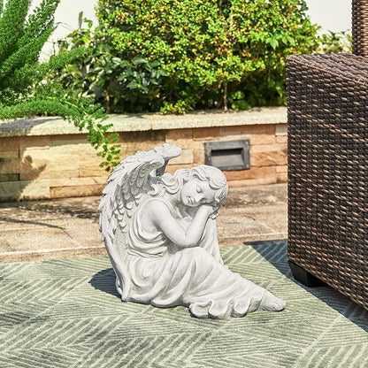 Glitzhome Resting Angel Statue Outdoor Garden Memorail Sculpture, 15in Tall, Cement Gray