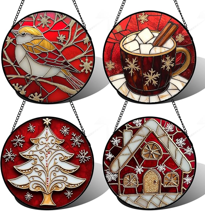 DASTOLL Stained Glass Window Hanging 4 Pcs Set Red Christmas Themed Decorations Large 15" - Suncatcher Door Garden Sun Catcher Decor Birthday New Year for Mom Woman Nana Men