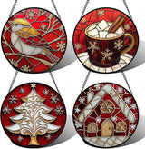 DASTOLL Stained Glass Window Hanging 4 Pcs Set Red Christmas Themed Decorations 7.8" - Suncatcher Door Garden Sun Catcher Decor Birthday New Year for Mom Woman Nana Men