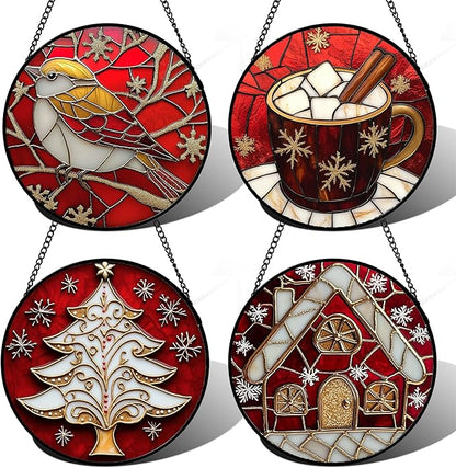 DASTOLL Stained Glass Window Hanging 4 Pcs Set Red Christmas Themed Decorations 7.8" - Suncatcher Door Garden Sun Catcher Decor Birthday New Year for Mom Woman Nana Men