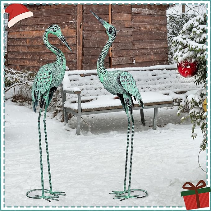 Large Garden Crane Statues & Sculptures - Metal Heron Sculpture Set with Lifelike Patina Bronze Metal Yard Art for Pond, Patio, Lawn - Heron Statue Unique Outdoor Decoration Gift for Women