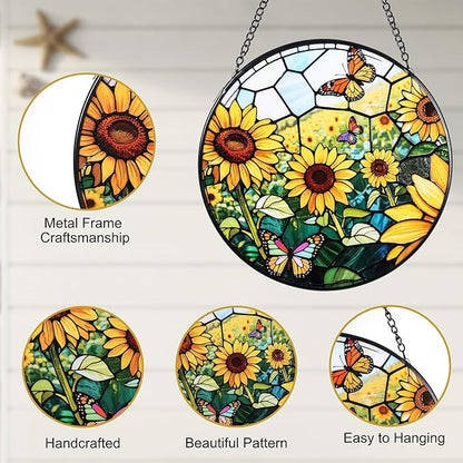 Stained Glass Window Hanging, Sunflowers Suncatcher 7.8 in Sun Catcher Glass Panel Boho Wall Art Decor with Chain Diamond Glass Panel Hangings Scenery Sun Catchers Decor for Lover Couple Mom