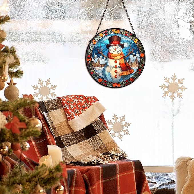 Christmas Snowman Suncatcher Stained Glass Window Hanging Decor, Winter Snowman Stained Glass Wall Decor, Christmas Garden Sun Catchers Indoor Window Hanging Wall Art, 7.9x7.9In