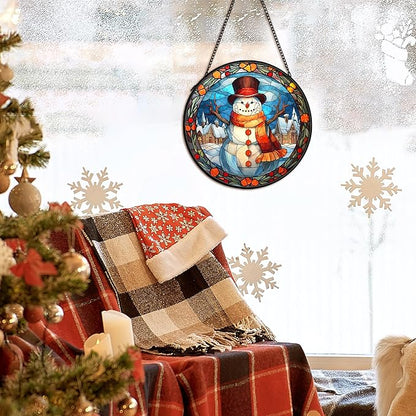 Christmas Snowman Suncatcher Stained Glass Window Hanging Decor, Winter Snowman Stained Glass Wall Decor, Christmas Garden Sun Catchers Indoor Window Hanging Wall Art, 7.9x7.9In
