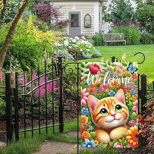 BlissYard Spring Cat Garden Flag 12x18 Inches Double Sided Cute Colorful Floral Sunflower Butterfly Welcome Yard Flags Summer Seasonal Flower for Outside Decor Home Farmhouse Holiday Decorations