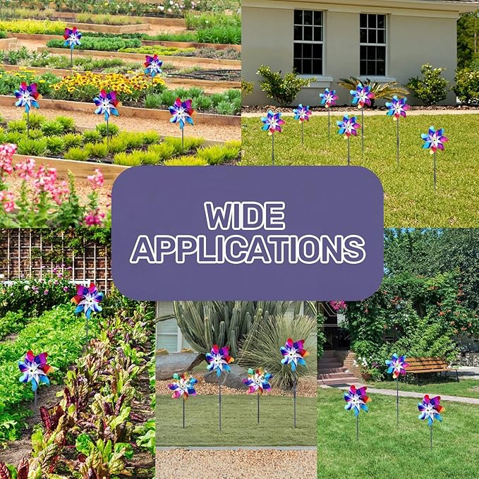 BATTIFE Reflective Pinwheels for Yard and Garden, Pre-Installed Sparkly Blind Birds Pin Wheel, Scare Birds & Animal Away Wind Spinner, 10 Pack (Colorful)