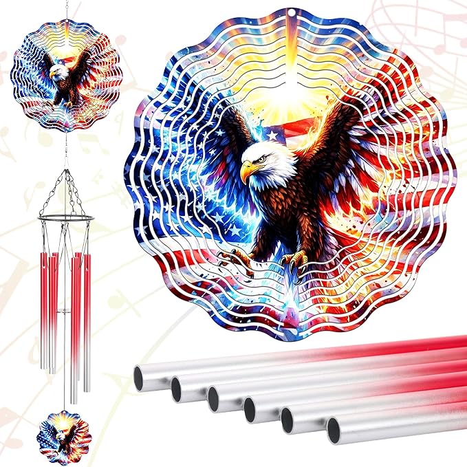 American Eagle Wind Chimes - Metal Flag Windchime with 3D Wind Spinners Outdoor Art Hanging for Garden Yard Patio Lawn Balcony Indoor Home 250 Anniversary Patriotic Decor Gift for Friends